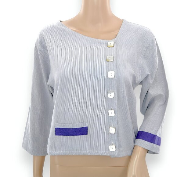 NWT Tribe Boutique Hand Woven Structured Lagenlook Pearl White Purple Crop Top S - Picture 7 of 7